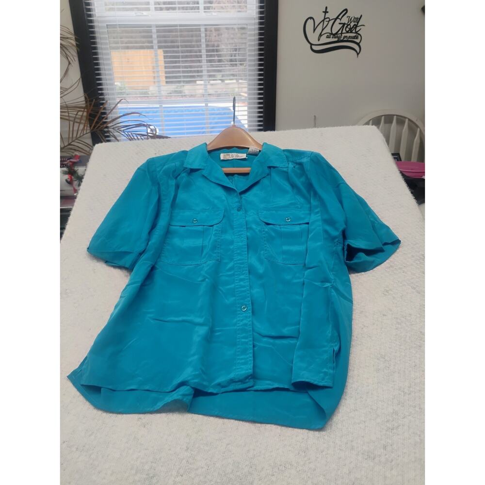Vtg Teal Blue Short Sleeve Button Up Shirt Top Size 14 Everyday Silky Spring Y2k